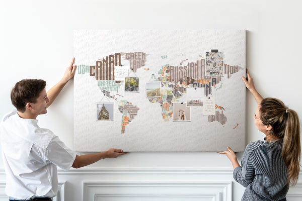 Cork memo board World map colorful letters