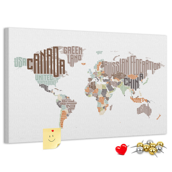 Cork memo board World map colorful letters