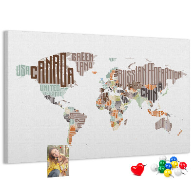 Cork memo board World map colorful letters