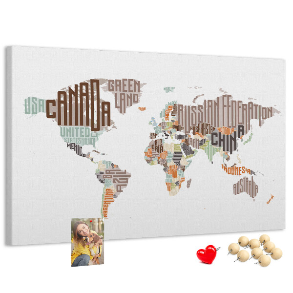 Cork memo board World map colorful letters