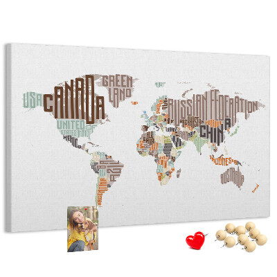 Cork memo board World map colorful letters
