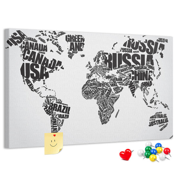 Cork memo board World map made of typography