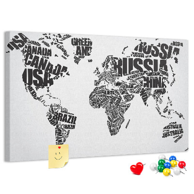 Cork memo board World map made of typography