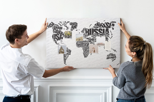 Cork memo board World map made of typography