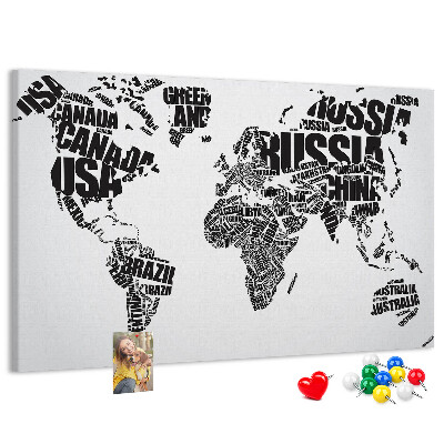 Cork memo board World map made of typography