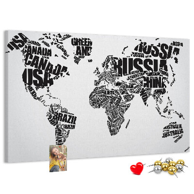 Cork memo board World map made of typography