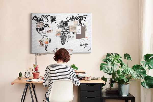 Cork memo board World map made of typography