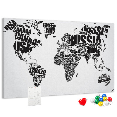 Cork memo board World map made of typography