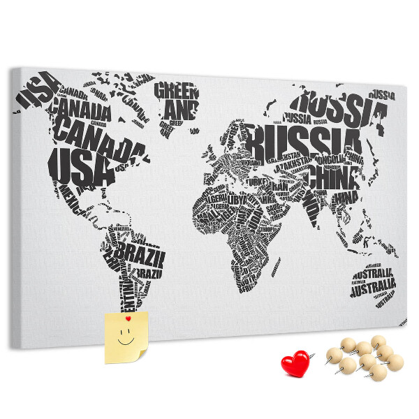 Cork memo board World map made of typography