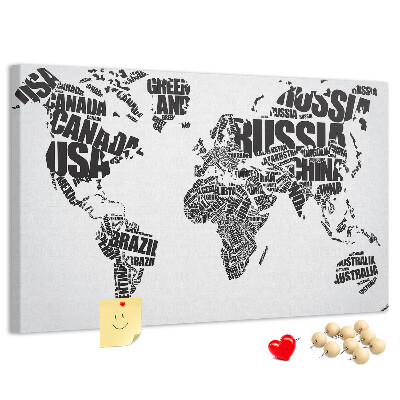 Cork memo board World map made of typography