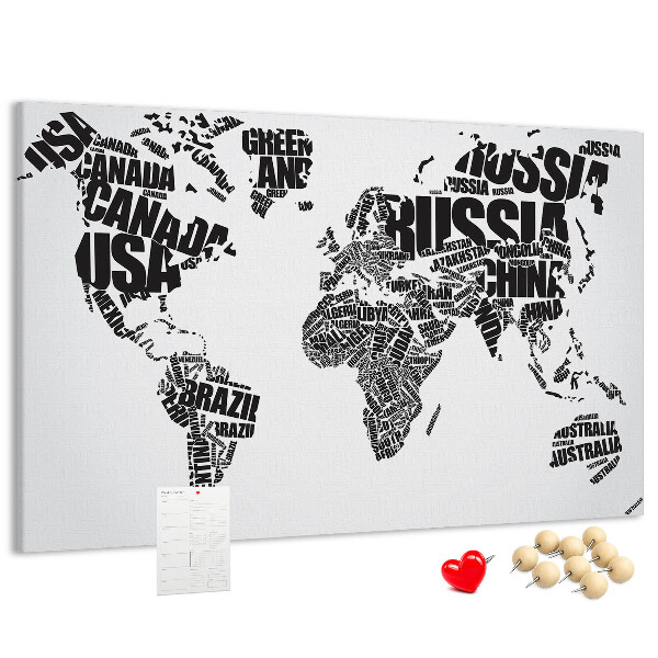 Cork memo board World map made of typography