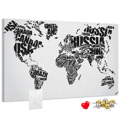 Cork memo board World map made of typography