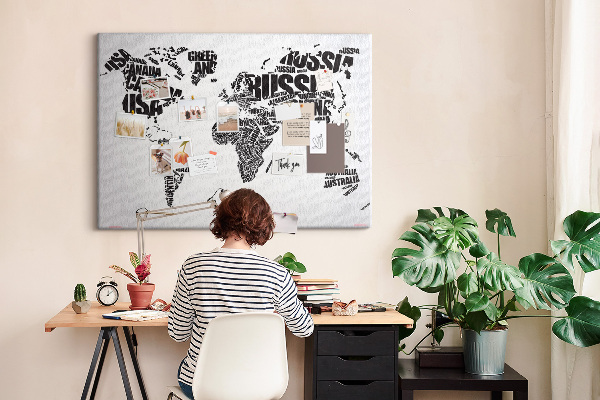 Cork memo board World map made of typography