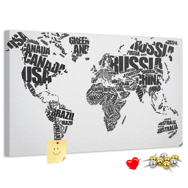 Cork memo board World map made of typography