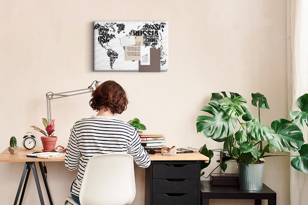 Cork memo board World map made of typography