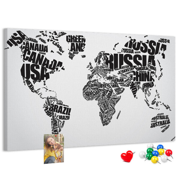 Cork memo board World map made of typography