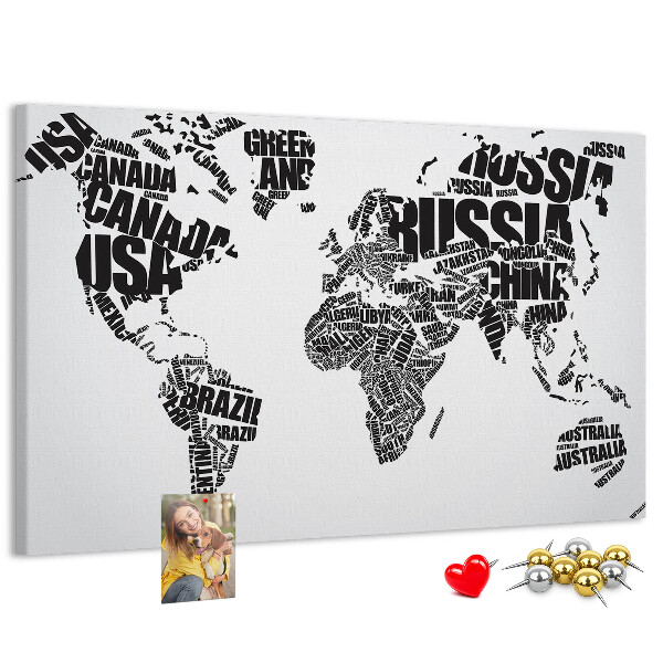 Cork memo board World map made of typography