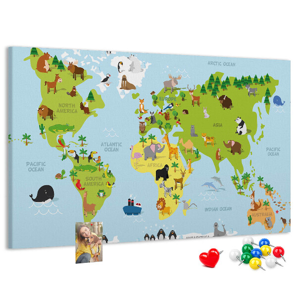 Cork board World map with animals