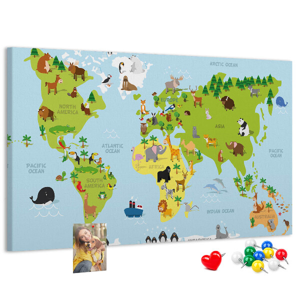 Cork board World map with animals