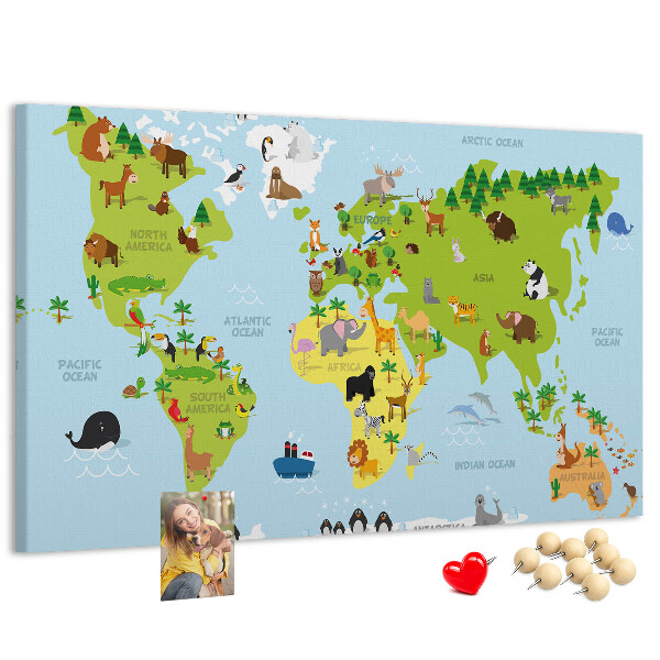 Cork board World map with animals