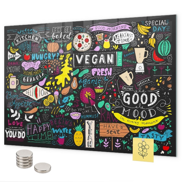 Magnetic board for wall with an abstract inscription design