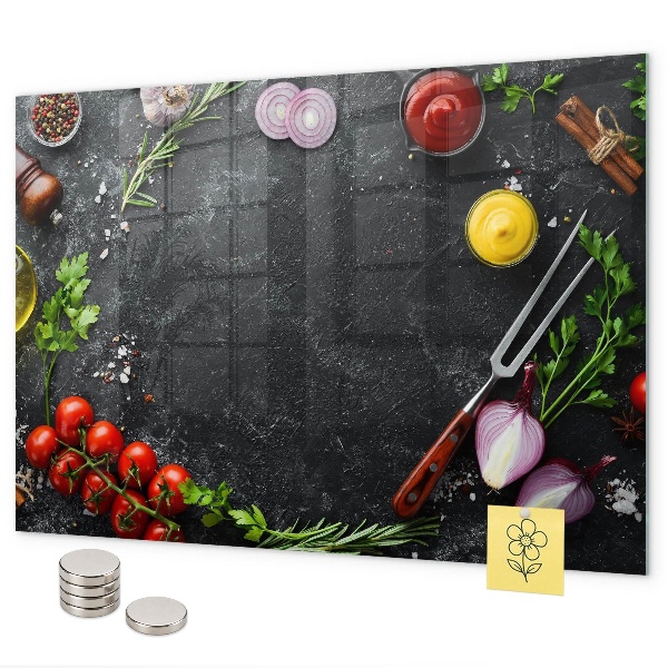 Magnetic wall board vegetables on the counter