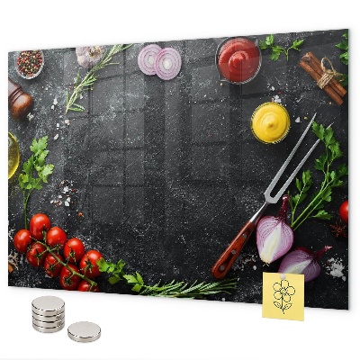Magnetic wall board vegetables on the counter