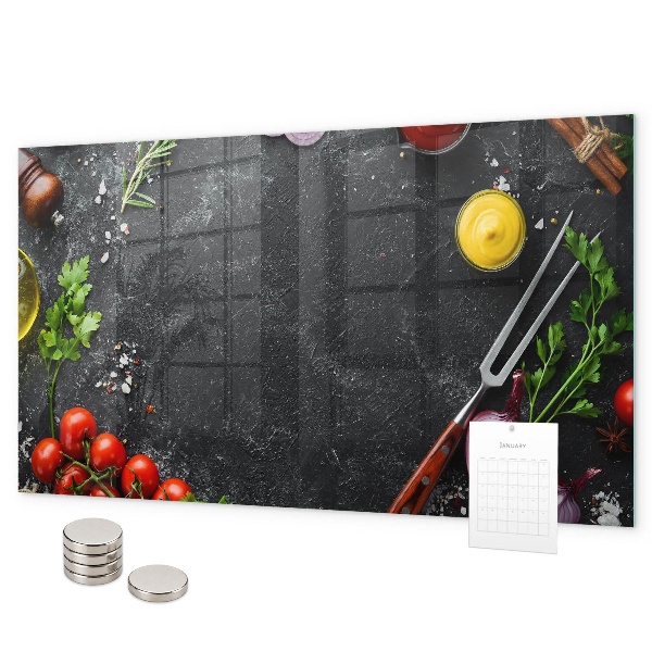 Magnetic wall board vegetables on the counter