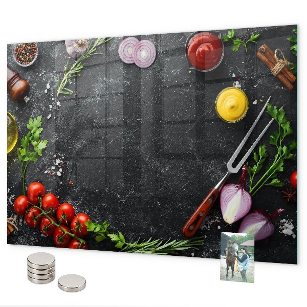 Magnetic wall board vegetables on the counter