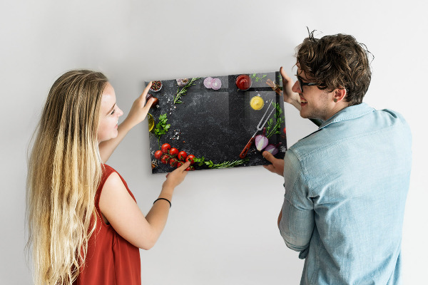 Magnetic wall board vegetables on the counter