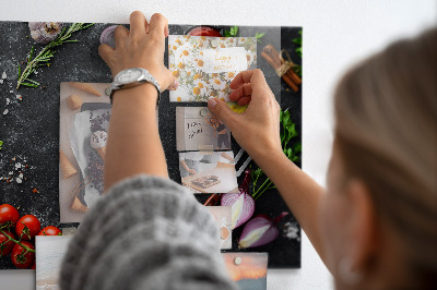 Magnetic wall board vegetables on the counter