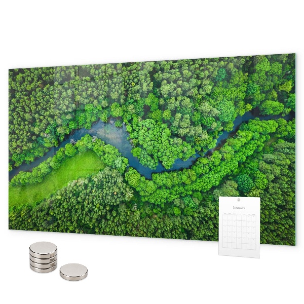 Magnetic board for wall featuring a river in the forest design
