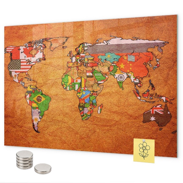 Magnetic world map with flags for wall mounting