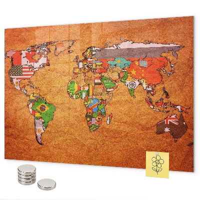 Magnetic world map with flags for wall mounting