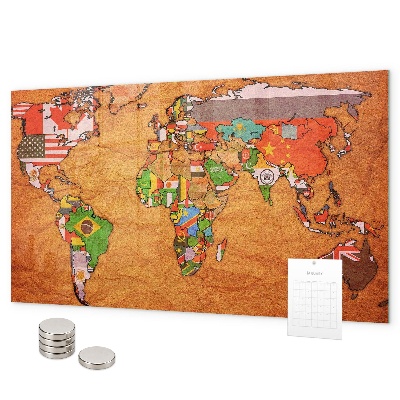 Magnetic world map with flags for wall mounting