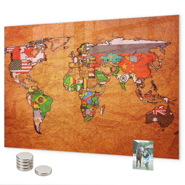Magnetic world map with flags for wall mounting