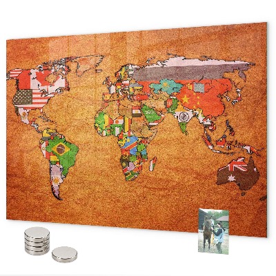 Magnetic world map with flags for wall mounting