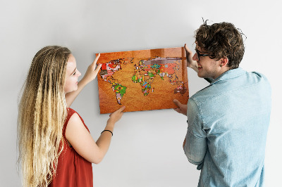 Magnetic world map with flags for wall mounting
