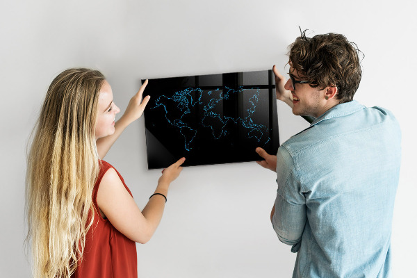 Dry erase board magnetic World map with photo locations
