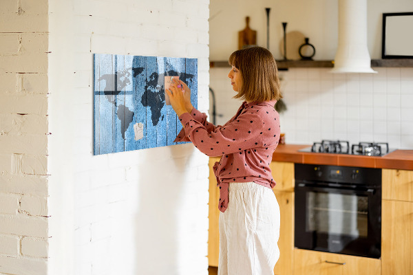 Dry erase board magnetic World map with photo locations