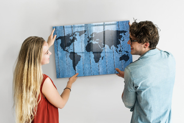 Dry erase board magnetic World map with photo locations