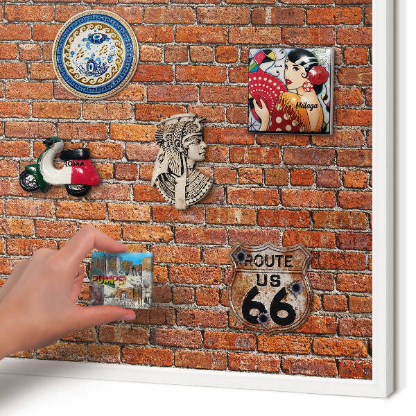 Magnetic board for travel magnets in a white frame Brick motif