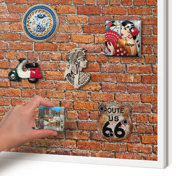 Magnetic board for travel magnets in a white frame Brick motif