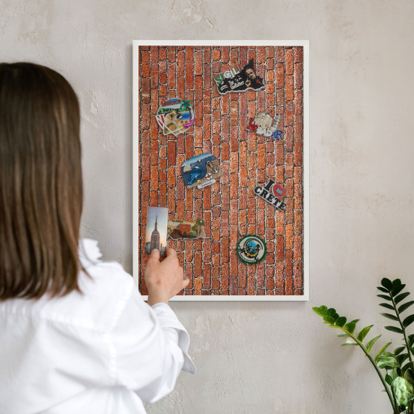 Magnetic board for travel magnets in a white frame Brick motif