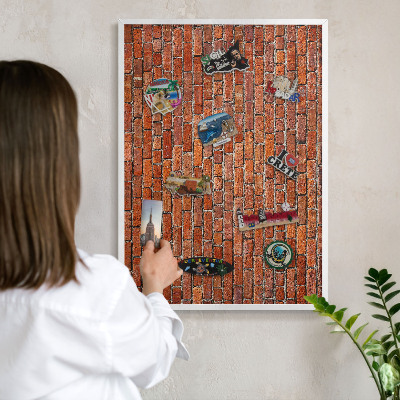 Magnetic board for travel magnets in a white frame Brick motif