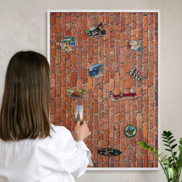 Magnetic board for travel magnets in a white frame Brick motif