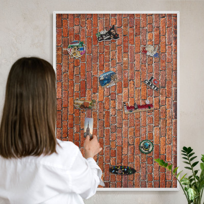 Magnetic board for travel magnets in a white frame Brick motif
