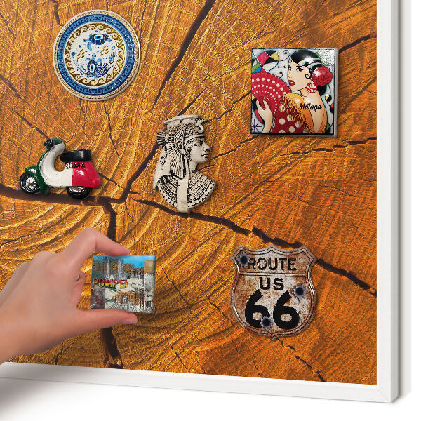 Magnetic board for travel magnets in a white frame Wood grain