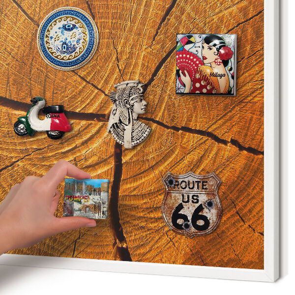 Magnetic board for travel magnets in a white frame Wood grain