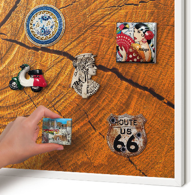 Magnetic board for travel magnets in a white frame Wood grain